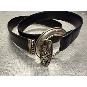Chico's Black Leather Slider Adjustable Silver and Gold Hook Buckle Belt S/M